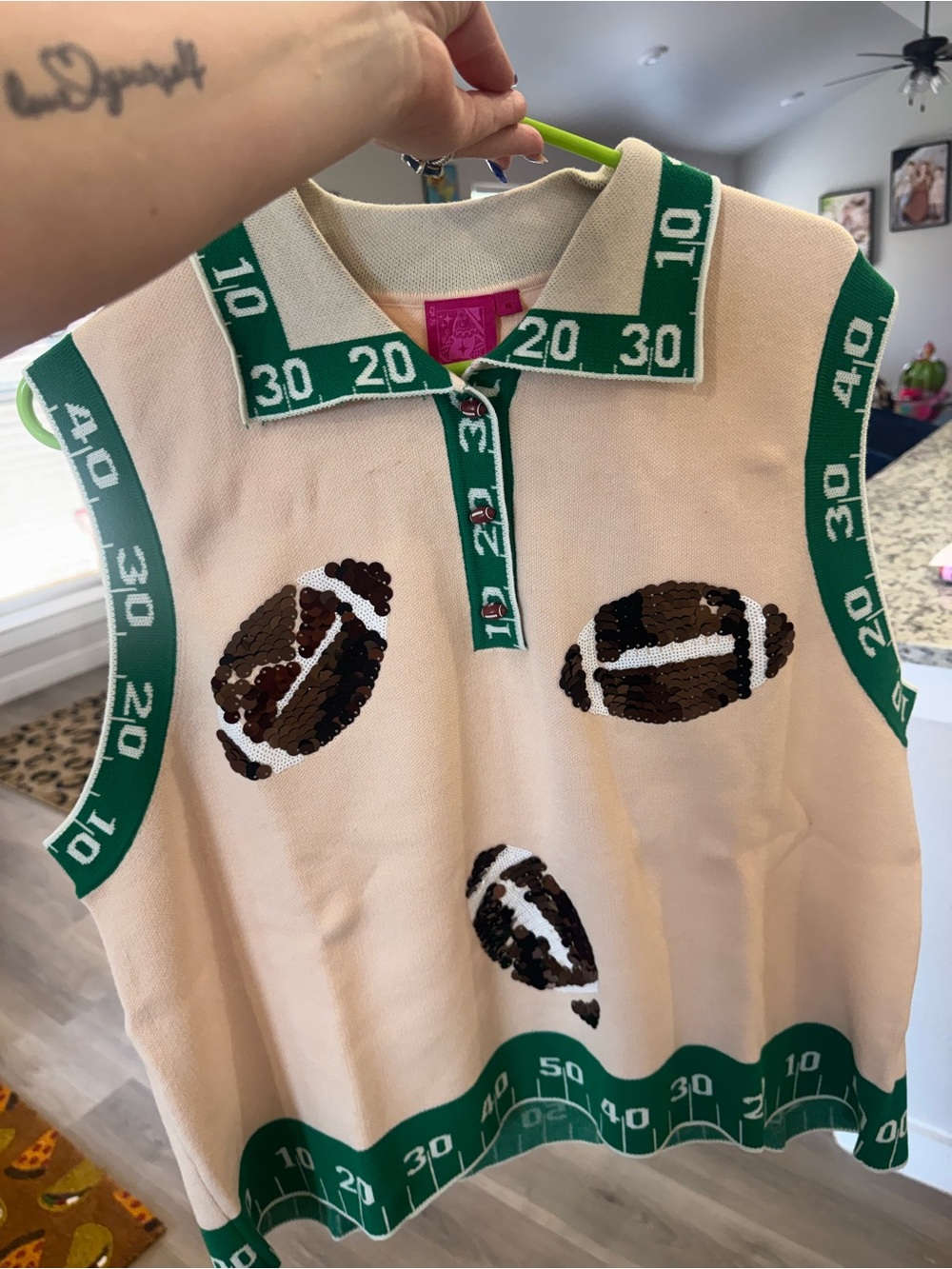 QUEEN OF SPARKLES Sequin Football Polo Tank- brand new, never worn. - Picture 8 of 9